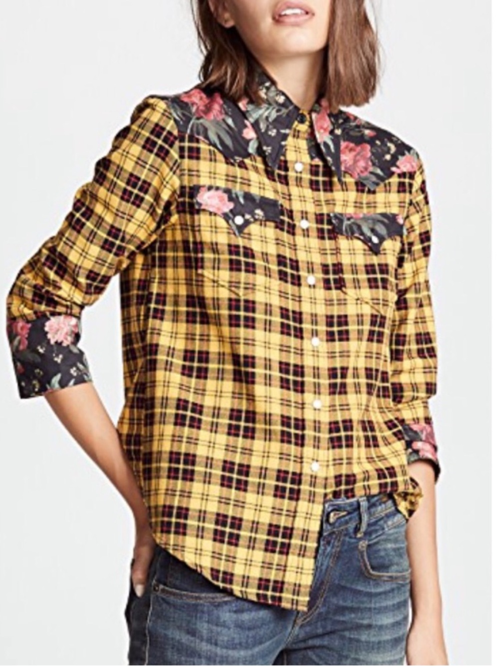 R13 Liberty of London Yellow Plaid Floral Print Button Western Cowgirl Shirt, S